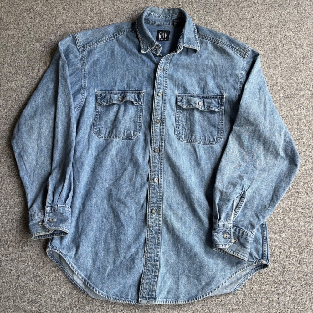 Gap Denim Shirt Mens Medium Blue Vintage Button Down Light Wash Distressed